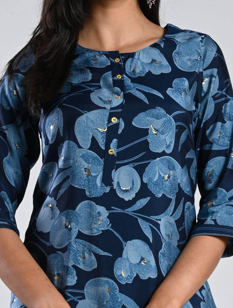 Navy Blue Floral Kurti Set in Rayon Muslin