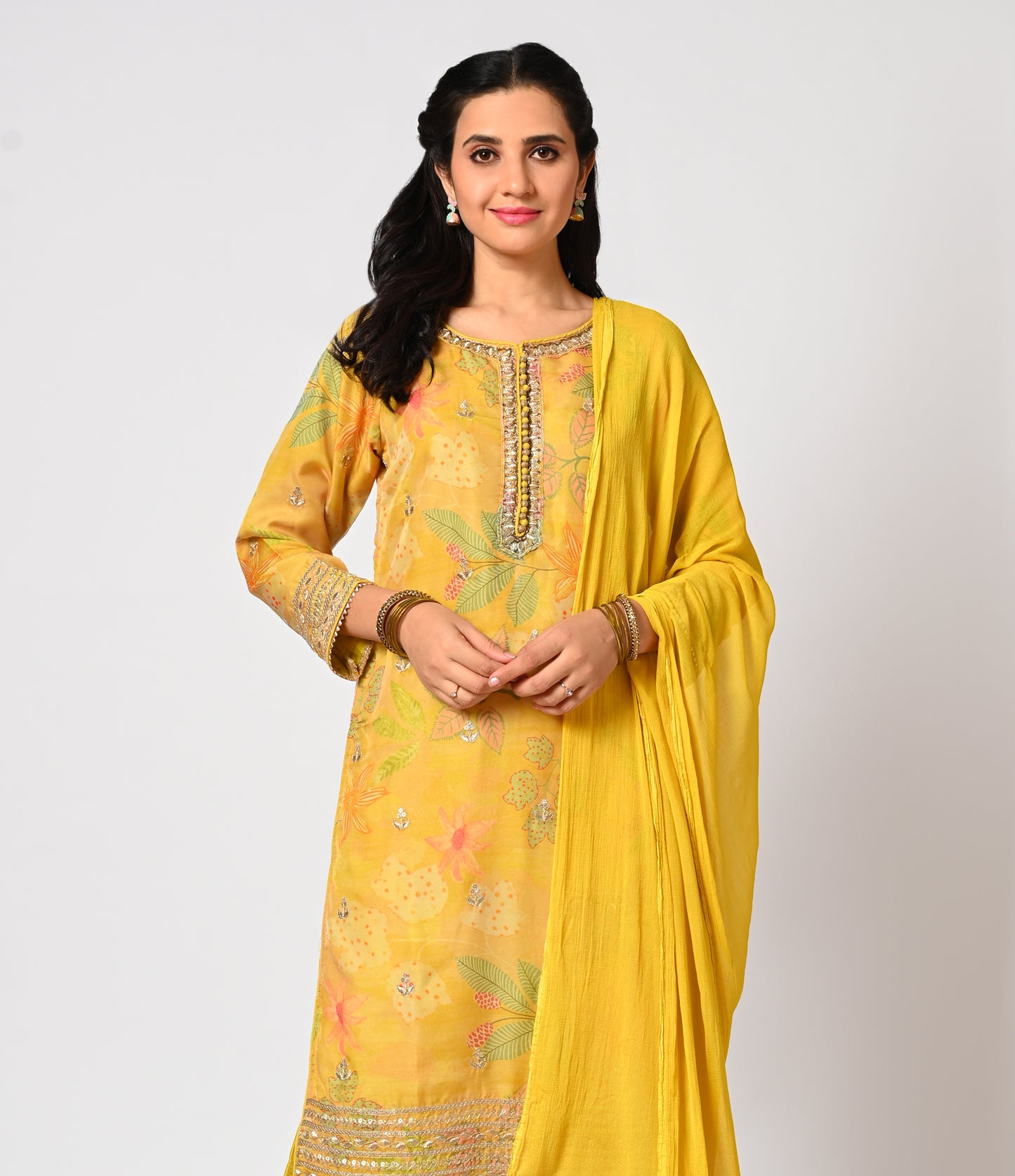 Printed Yellow Crepe Straight Cut Set with Dupatta