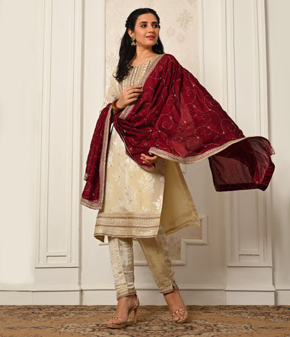 Elegant Half White Jacquard Straight Cut Set with Contrast Dupatta