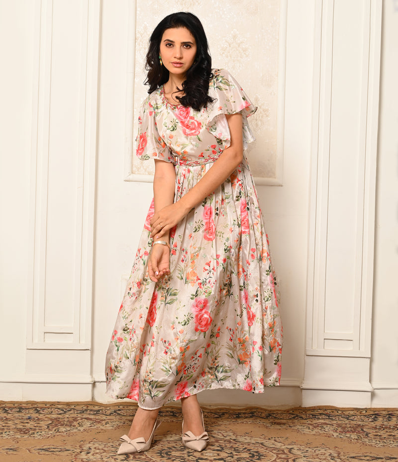 Pizza Green Snorril Printed Long Kurti with Flared Sleeves