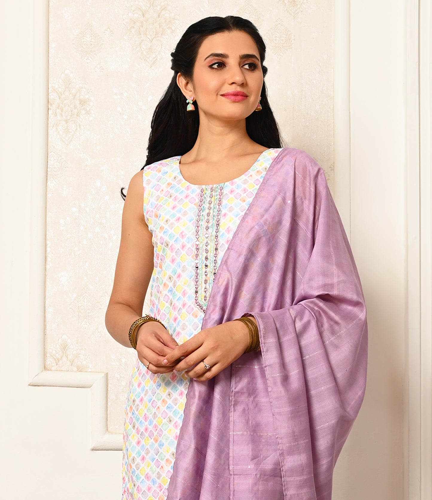 Multicolored White Straight Cut Kurti with Lilac Dupatta