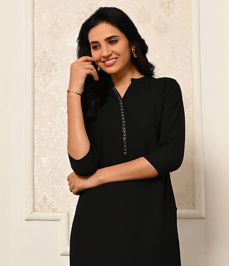 Solid Black Daily Wear Kurti with Mild Stone Work