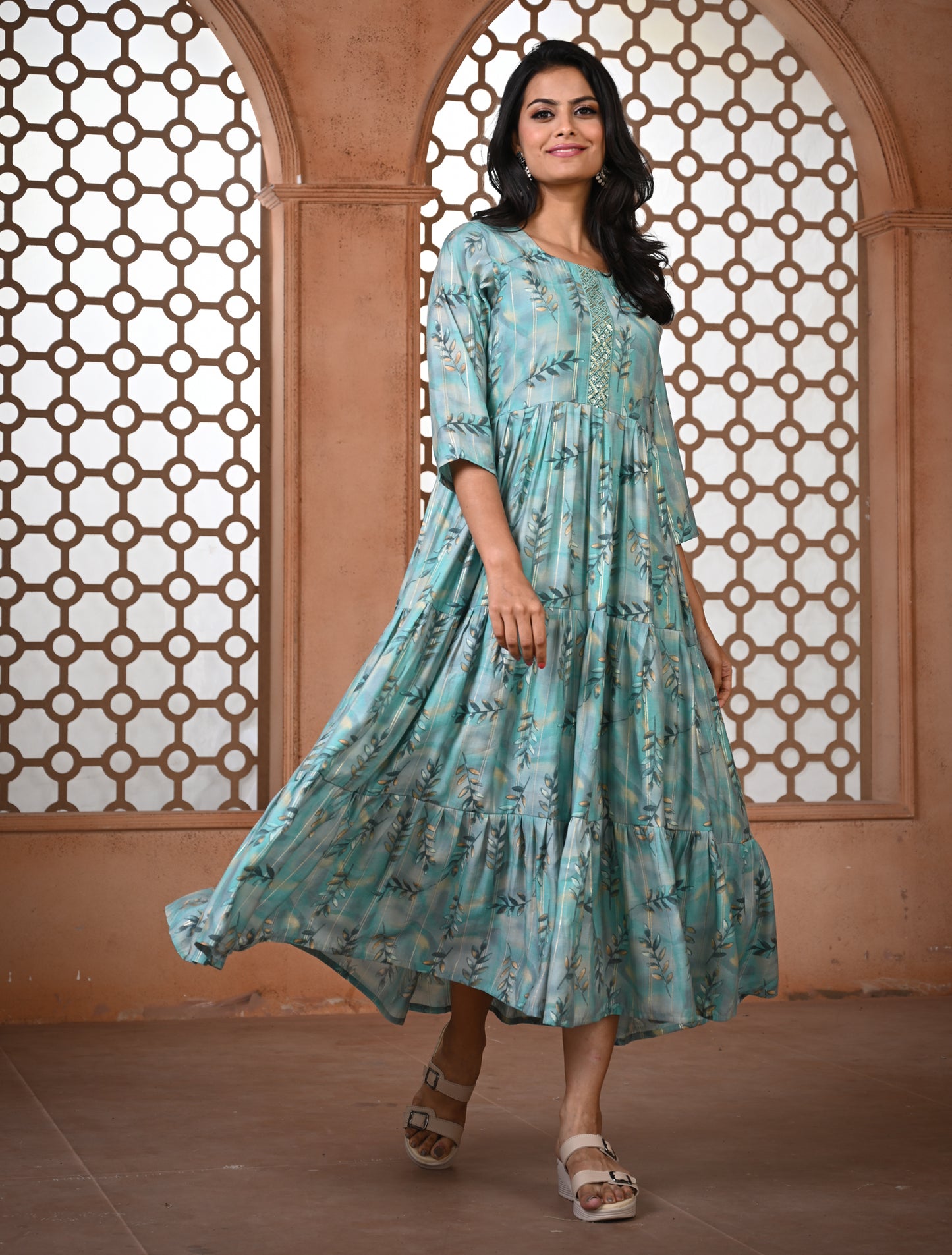 Leaf Printed Blue Layered Kurti