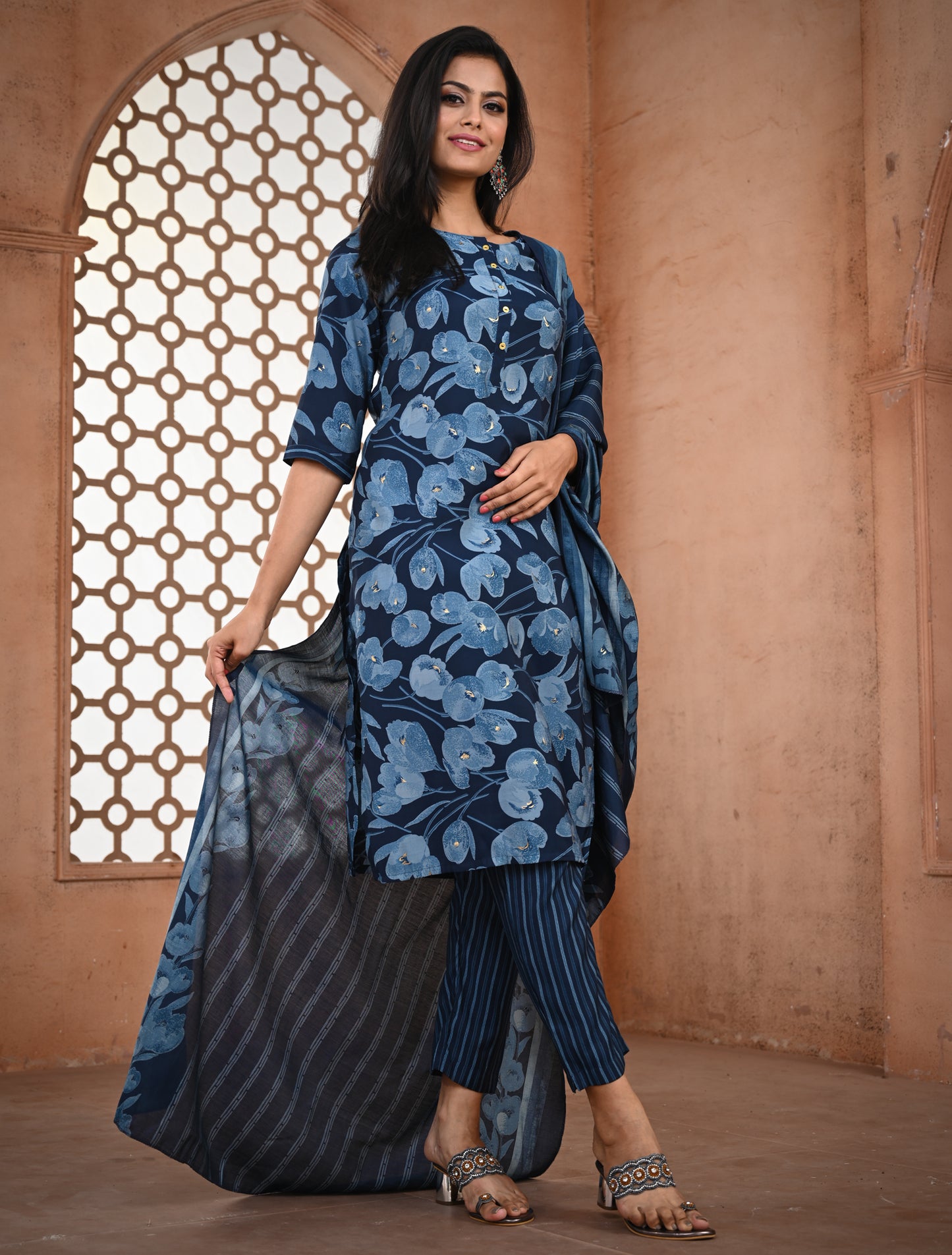 Navy Blue Floral Kurti Set in Rayon Muslin