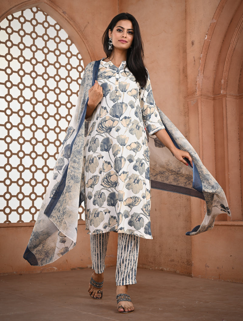 Tightly Floral Printed White Kurti Set with Dupatta