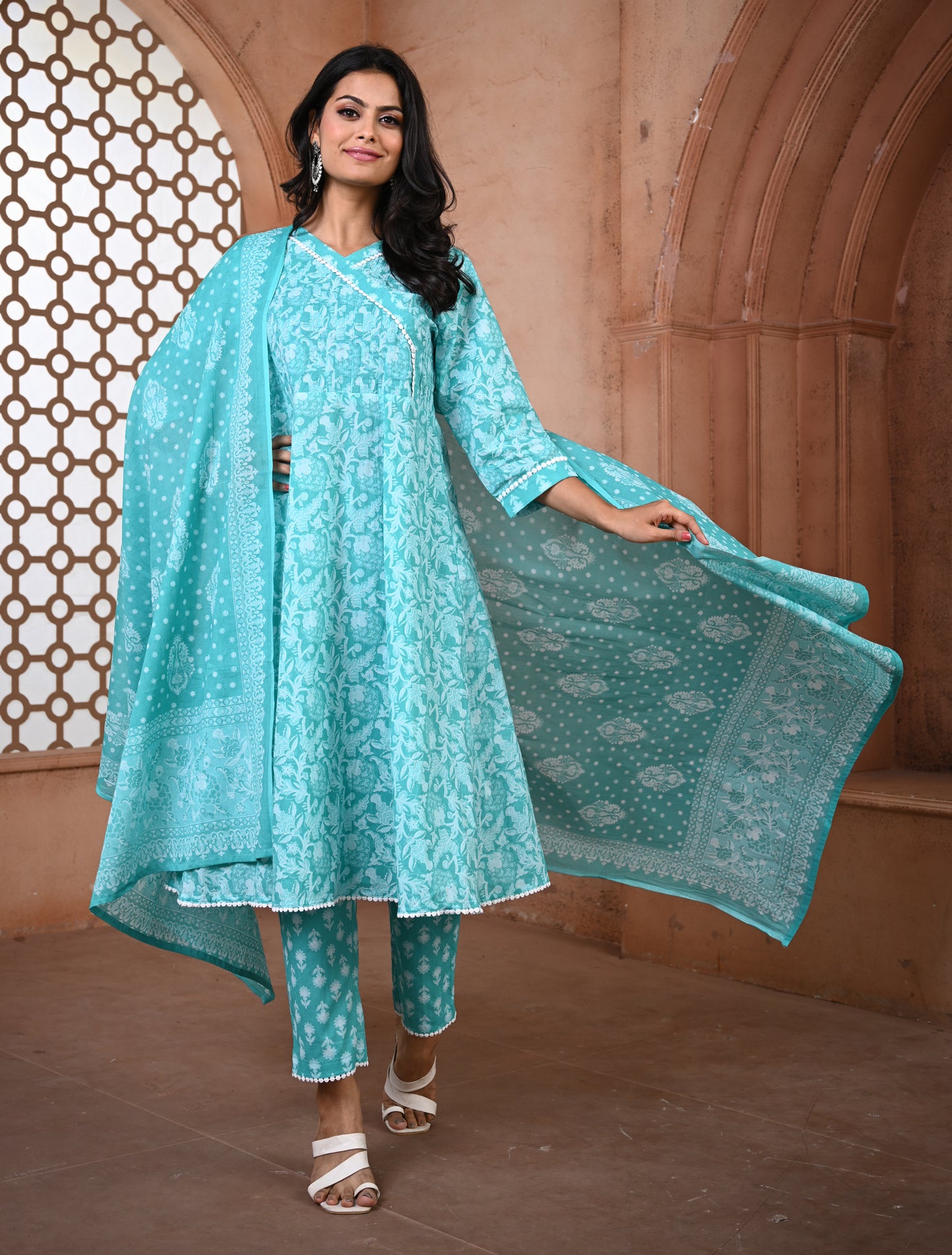 Turquoise Blue Anarkali Cotton Kurti Set with Dupatta