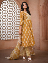 Vibrant Mustard Jaipur Cotton Kurti Set with Dupatta