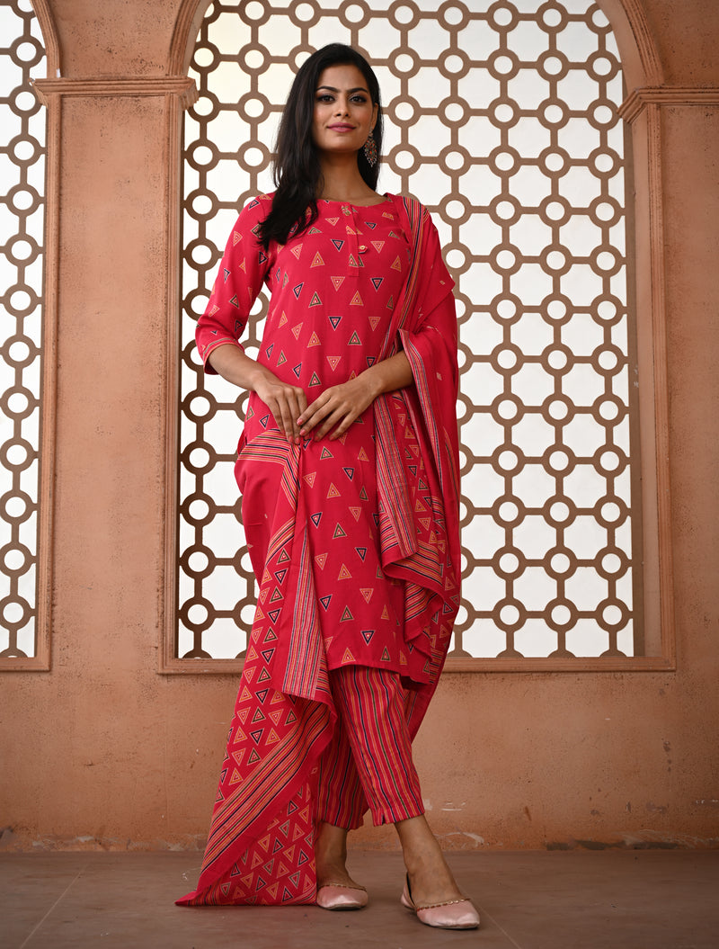 Rani Pink Geometric Printed Kurti Set