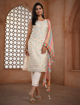 Elegant White Straight Cut kurti Set with Multicolored Dupatta