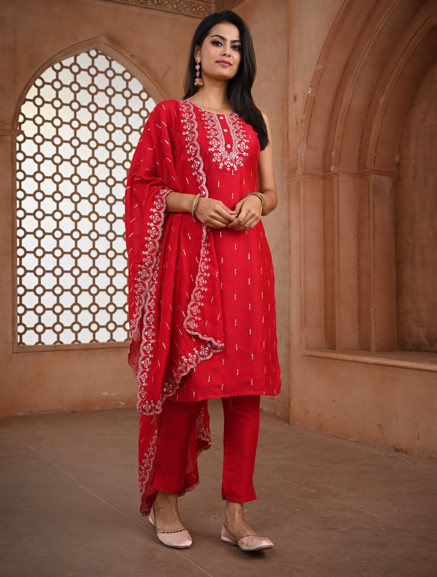 Festive Chilly Red Straight Cut Kurti Set