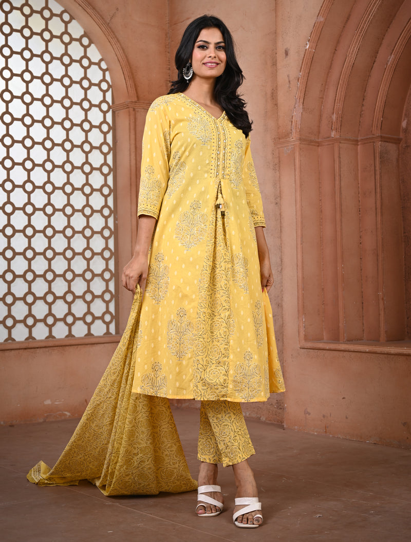 Soft Yellow Jaipur Cotton Kurti Set with Dupatta