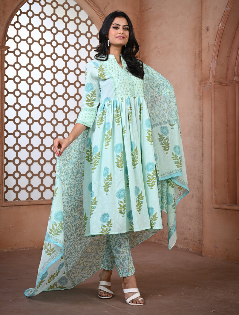 Mint Blue Anarkali Kurti Set with Dupatta