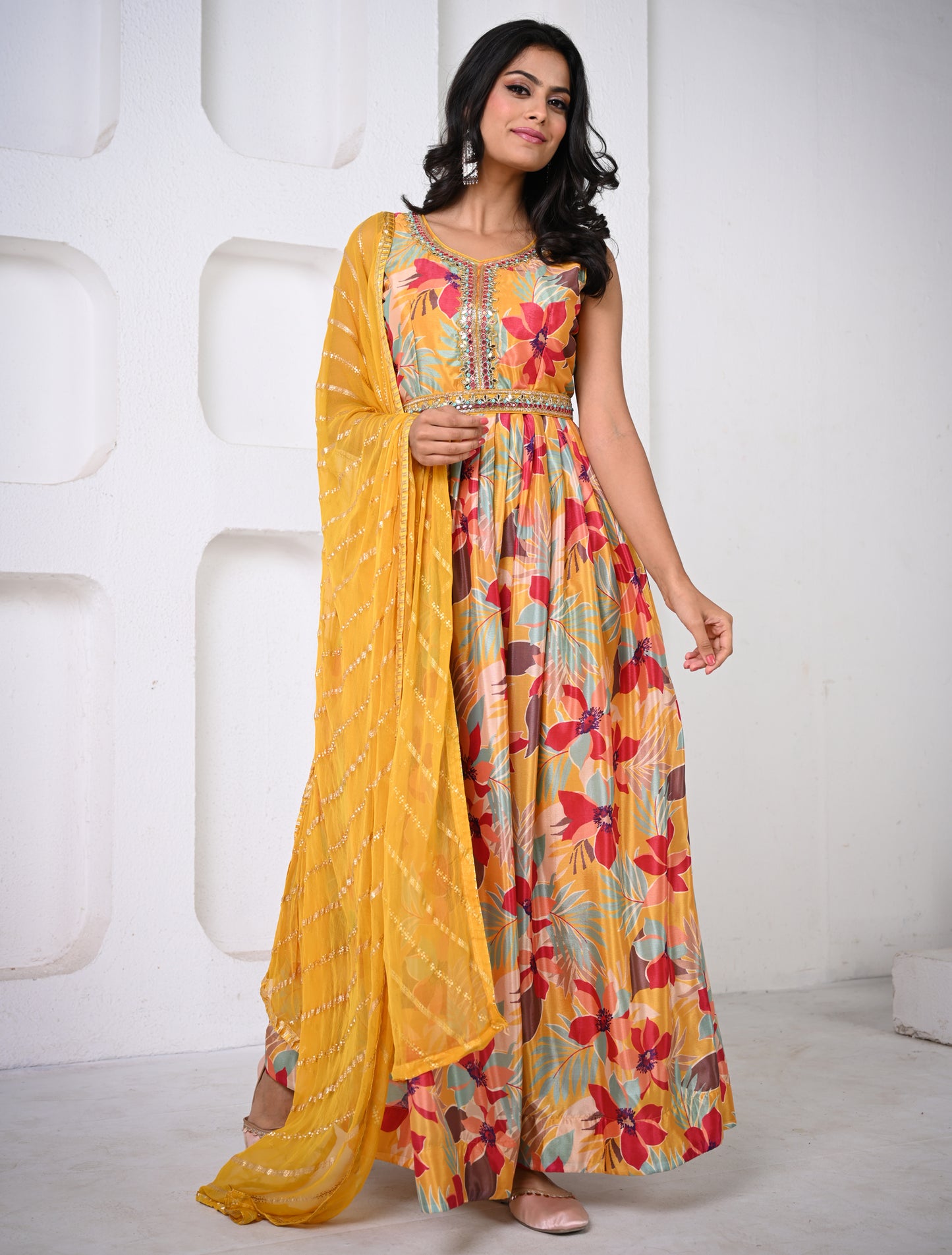 Mustard Floral Printed Festive Gown