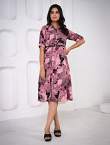 Pink Printed Collar Neck Kurti with Belt