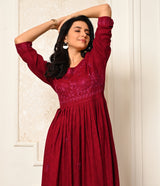 Beet Pink Long Kurti with Thread Work and Tie Dye Border