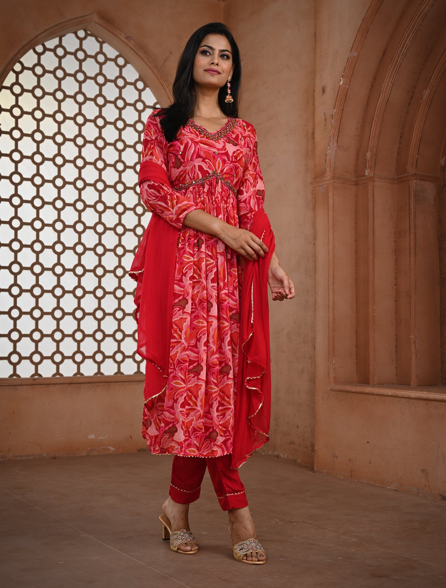 Pink Printed Alia Cut Kurti Set