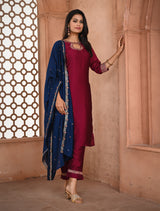 Vibrant Purple Straight Cut Kurti Set with Contrast Blue Dupatta