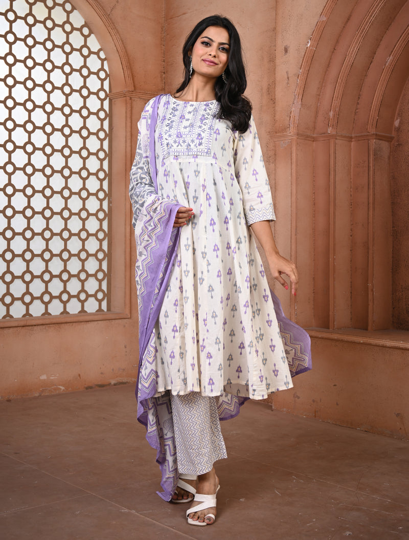 Elegant White Jaipur Cotton Printed Kurti Set with Dupatta