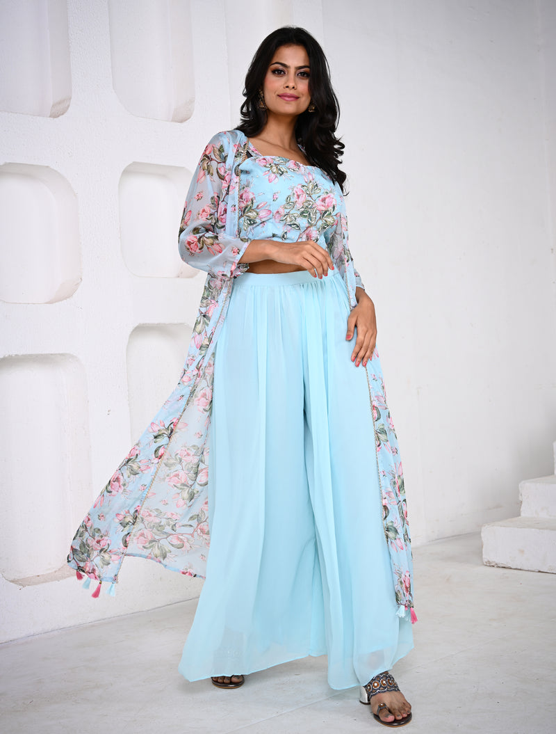 Elegant Blue Crop Top Palazzo Set with Long Jacket