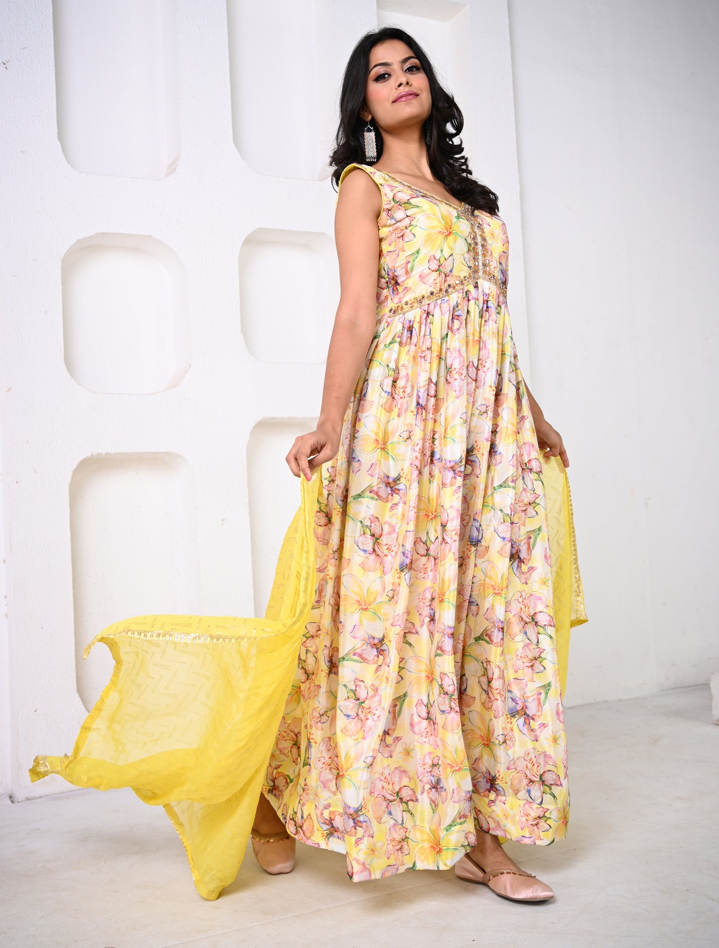 Elegant Yellow Floral Printed Alia Cut Gown