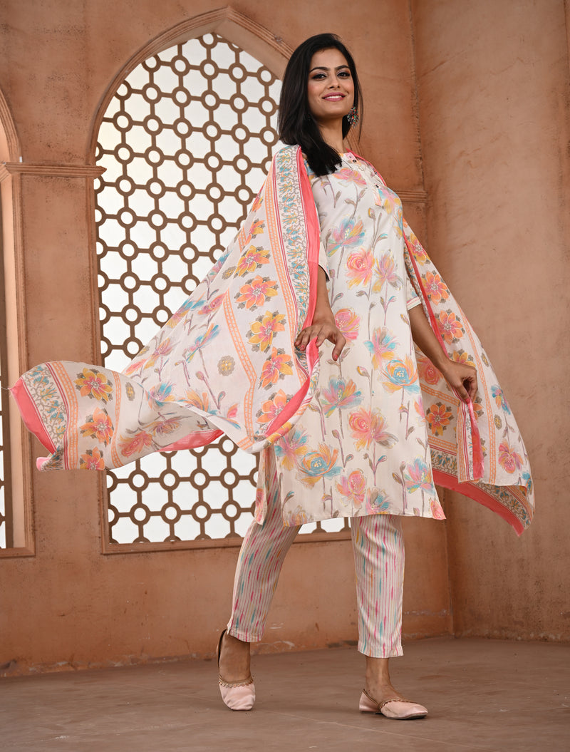 Off White Floral Printed Kurti Set