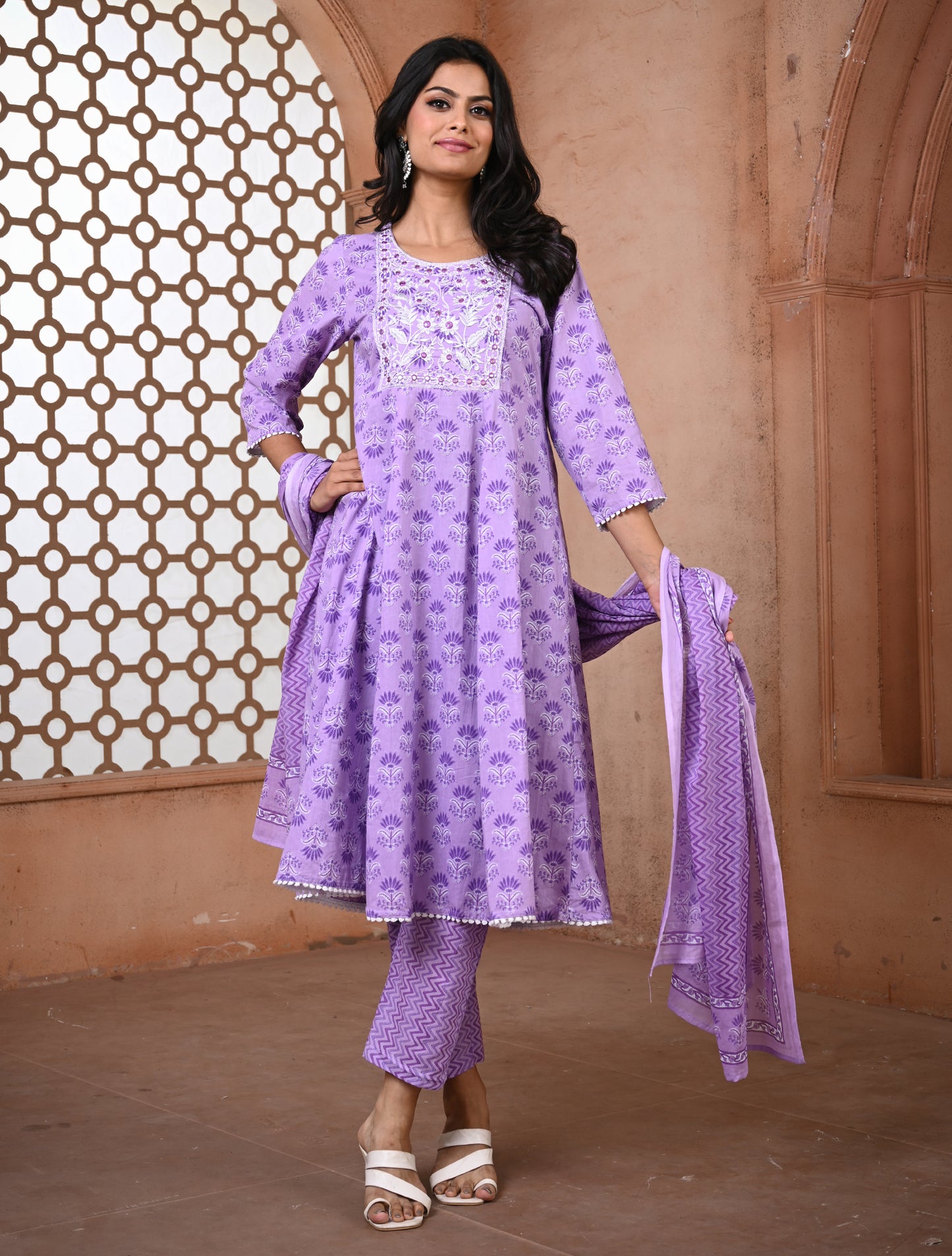 Lilac Anarkali Printed Cotton Kurti Set with Dupatta