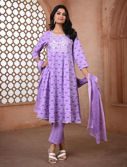 Lilac Anarkali Printed Cotton Kurti Set with Dupatta