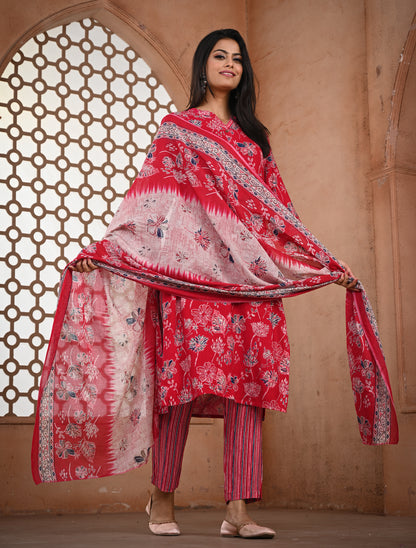 Pink Floral Printed Kurti Set with Dupatta