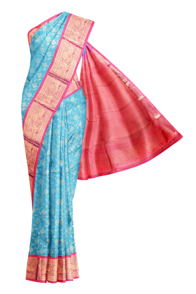 Blue Kanchipuram Bridal Pure Silk Full Jaal Pattern Body Peacock Border Pink Contrast Pallu Saree