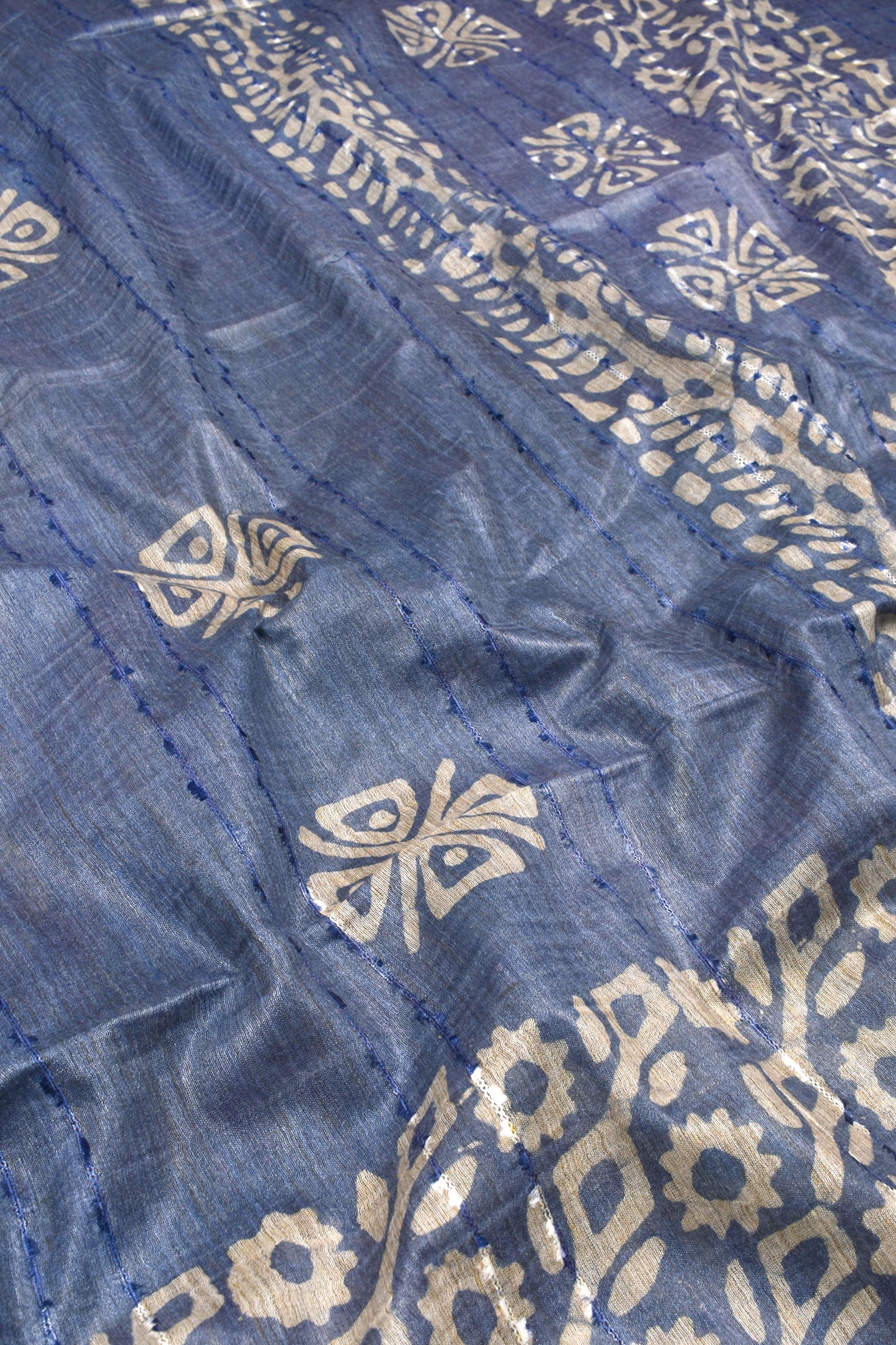 Blue White Block Cotton Banswara Batik Print Saree