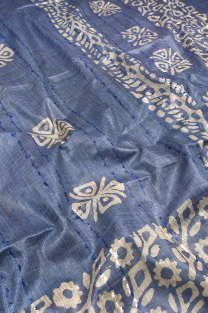 Blue White Block Cotton Banswara Batik Print Saree