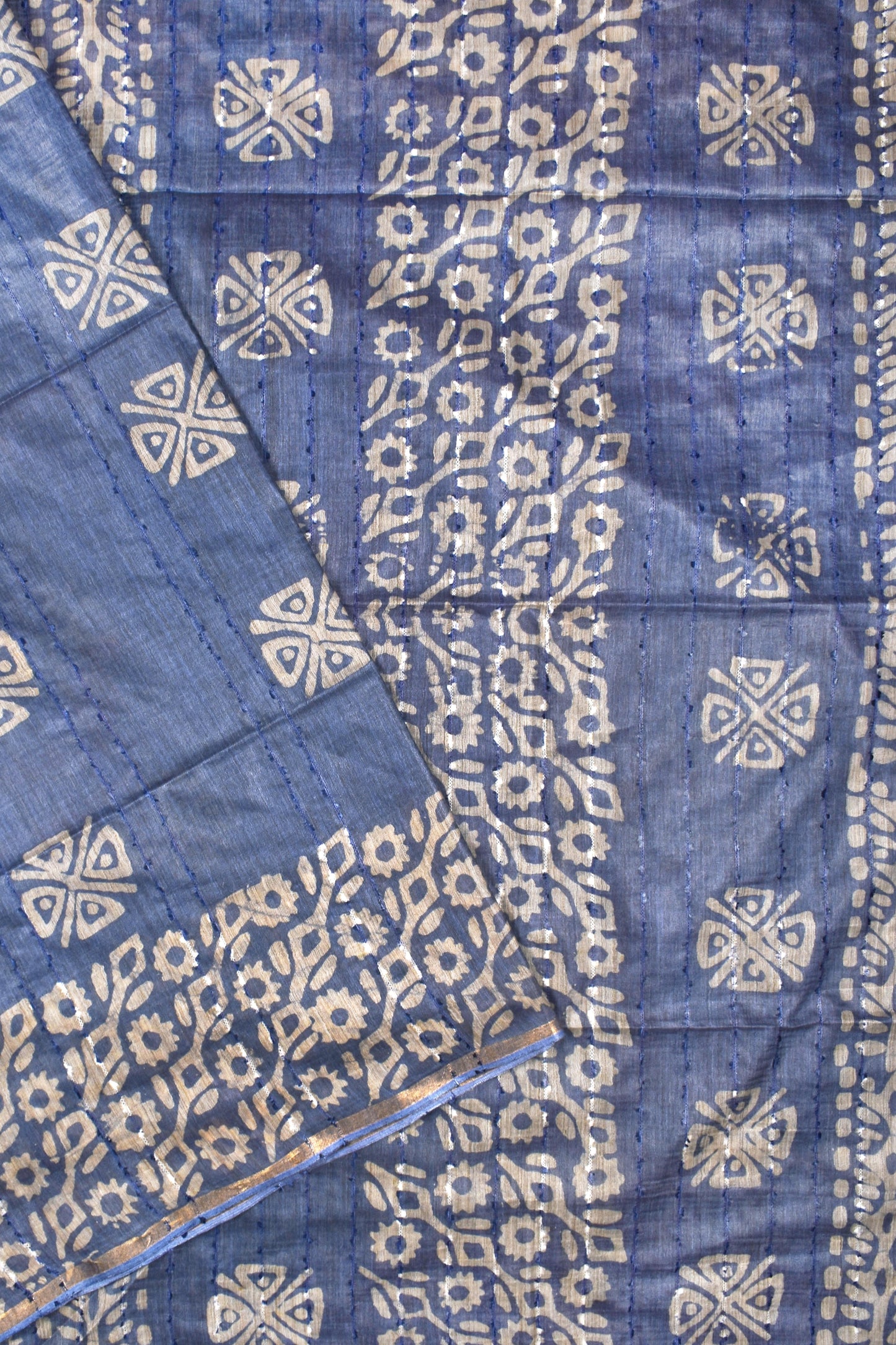 Blue White Block Cotton Banswara Batik Print Saree