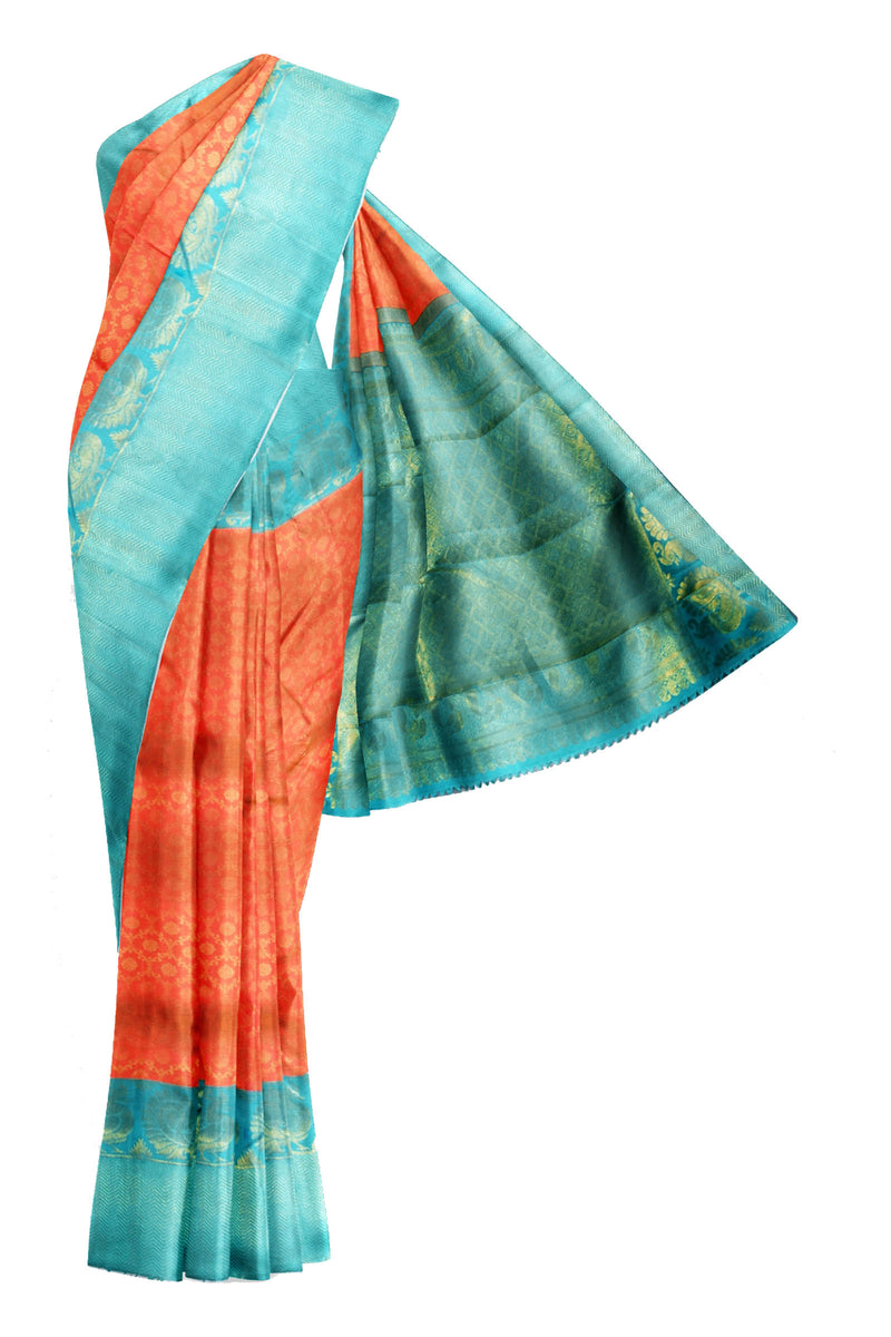 Orange Kanchipuram Bridal Pure Silk All Over Jaal Pattern Body Peacock Border Blue Contrast Pallu Saree