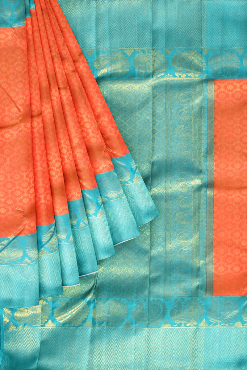 Orange Kanchipuram Bridal Pure Silk All Over Jaal Pattern Body Peacock Border Blue Contrast Pallu Saree