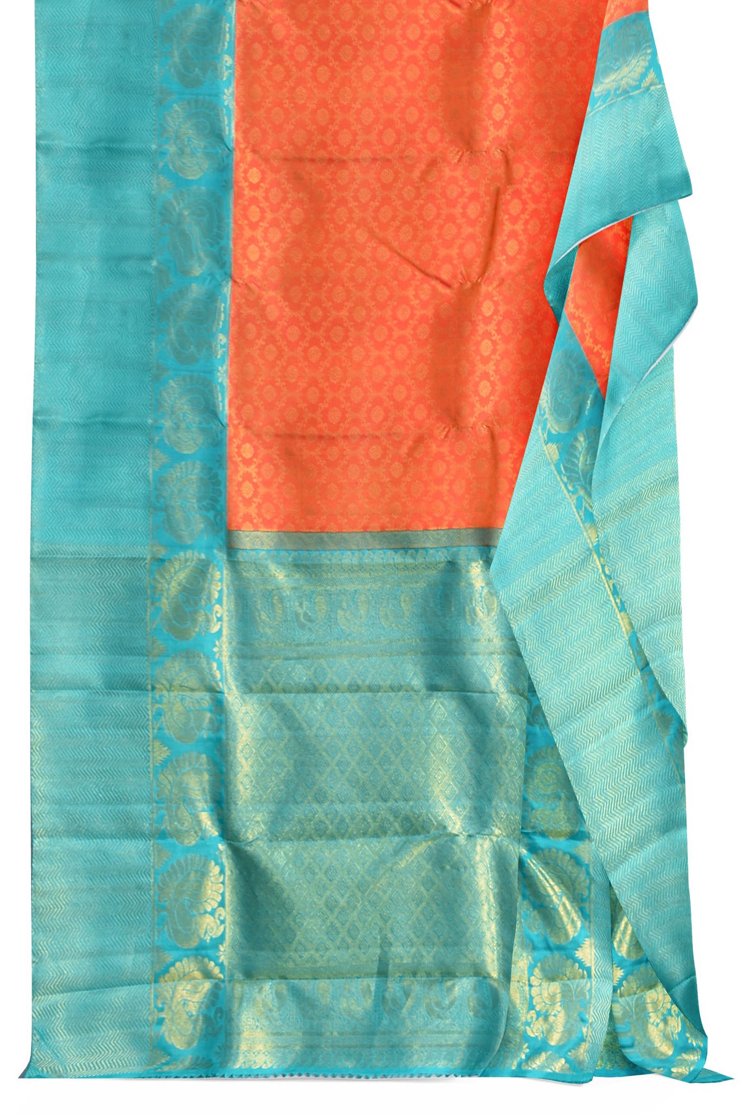 Orange Kanchipuram Bridal Pure Silk All Over Jaal Pattern Body Peacock Border Blue Contrast Pallu Saree