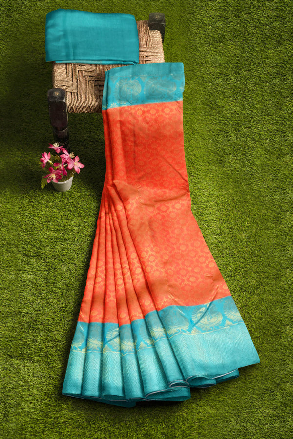 Orange Kanchipuram Bridal Pure Silk All Over Jaal Pattern Body Peacock Border Blue Contrast Pallu Saree