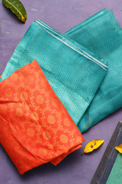 Orange Kanchipuram Bridal Pure Silk All Over Jaal Pattern Body Peacock Border Blue Contrast Pallu Saree