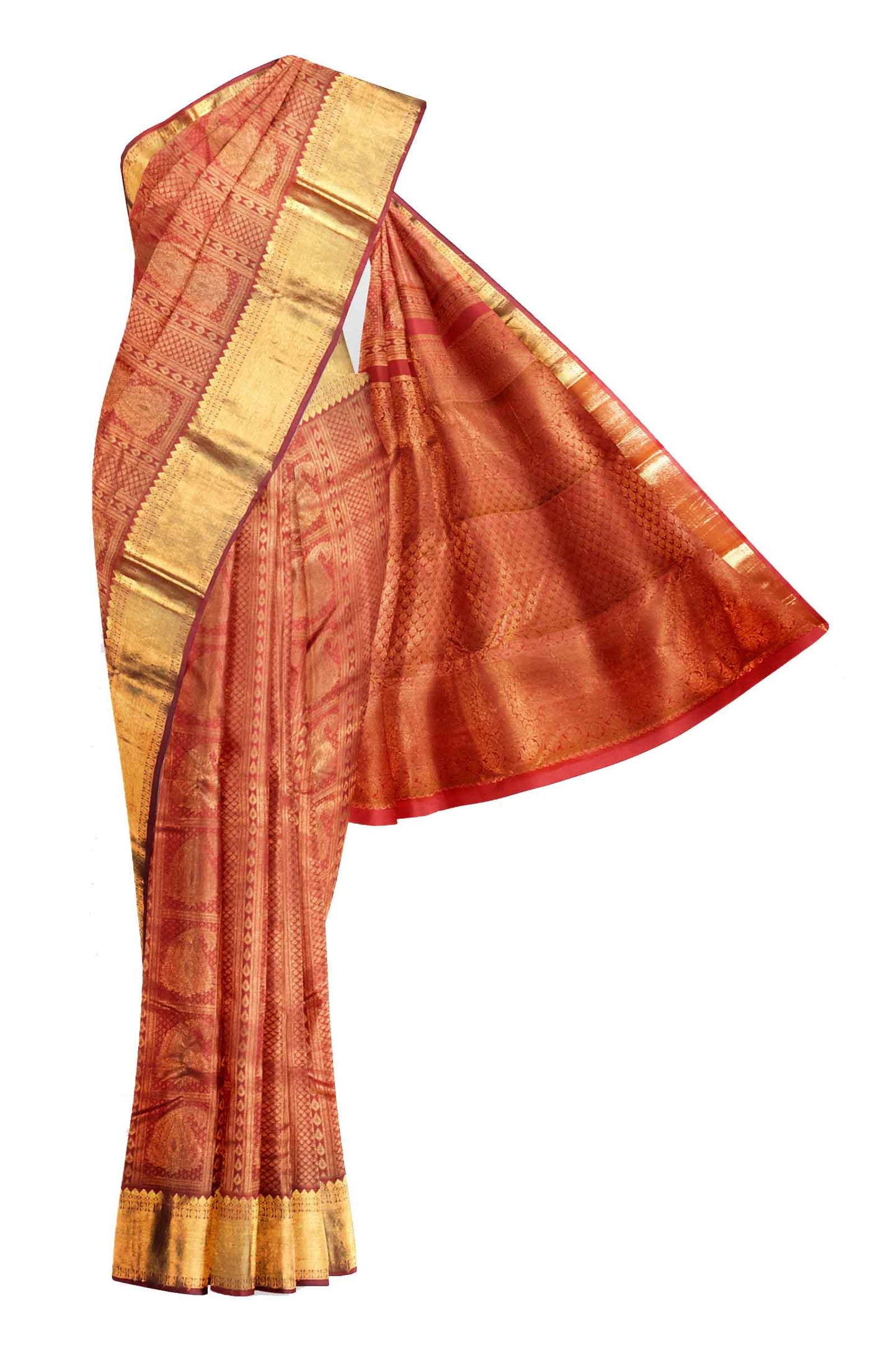 Maroon Kanchipuram Bridal Pure Silk Vertical Panel Mango Butta Body Self Pallu Saree