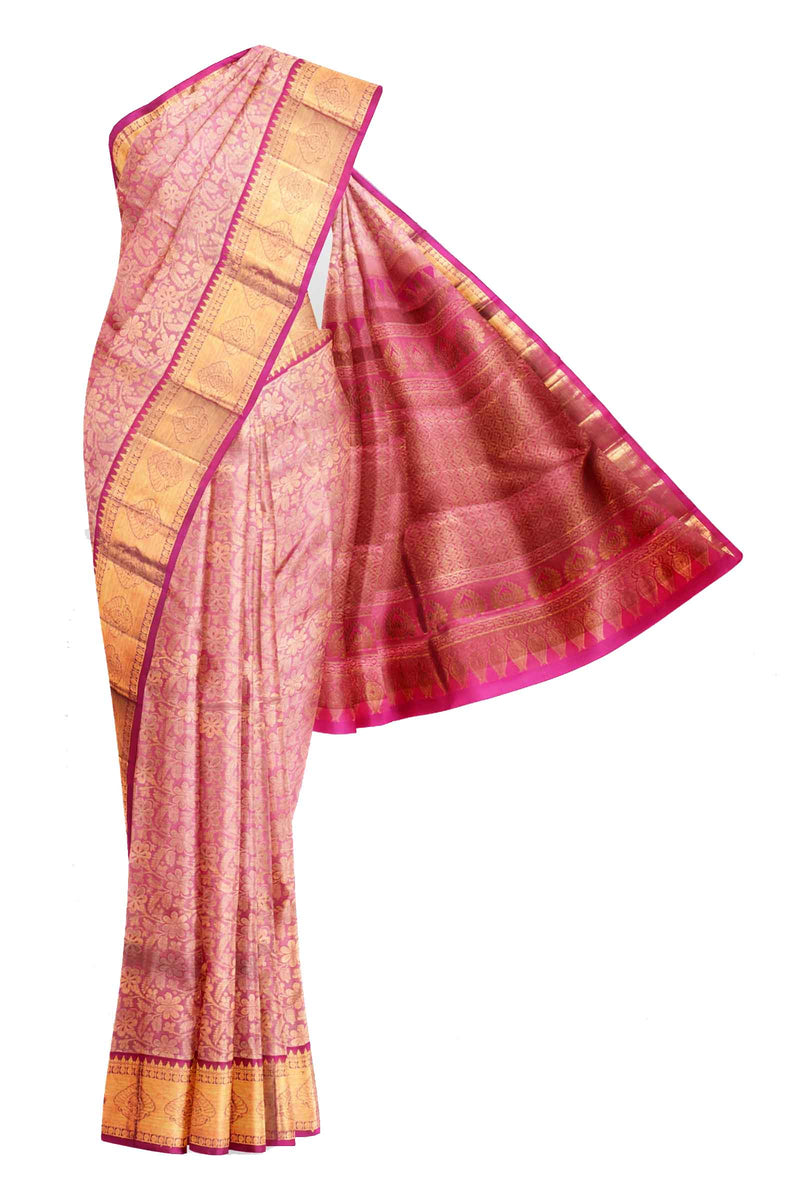 Pink Kanchipuram Bridal Pure Silk Flower Jaal Body Contrast Pallu Saree