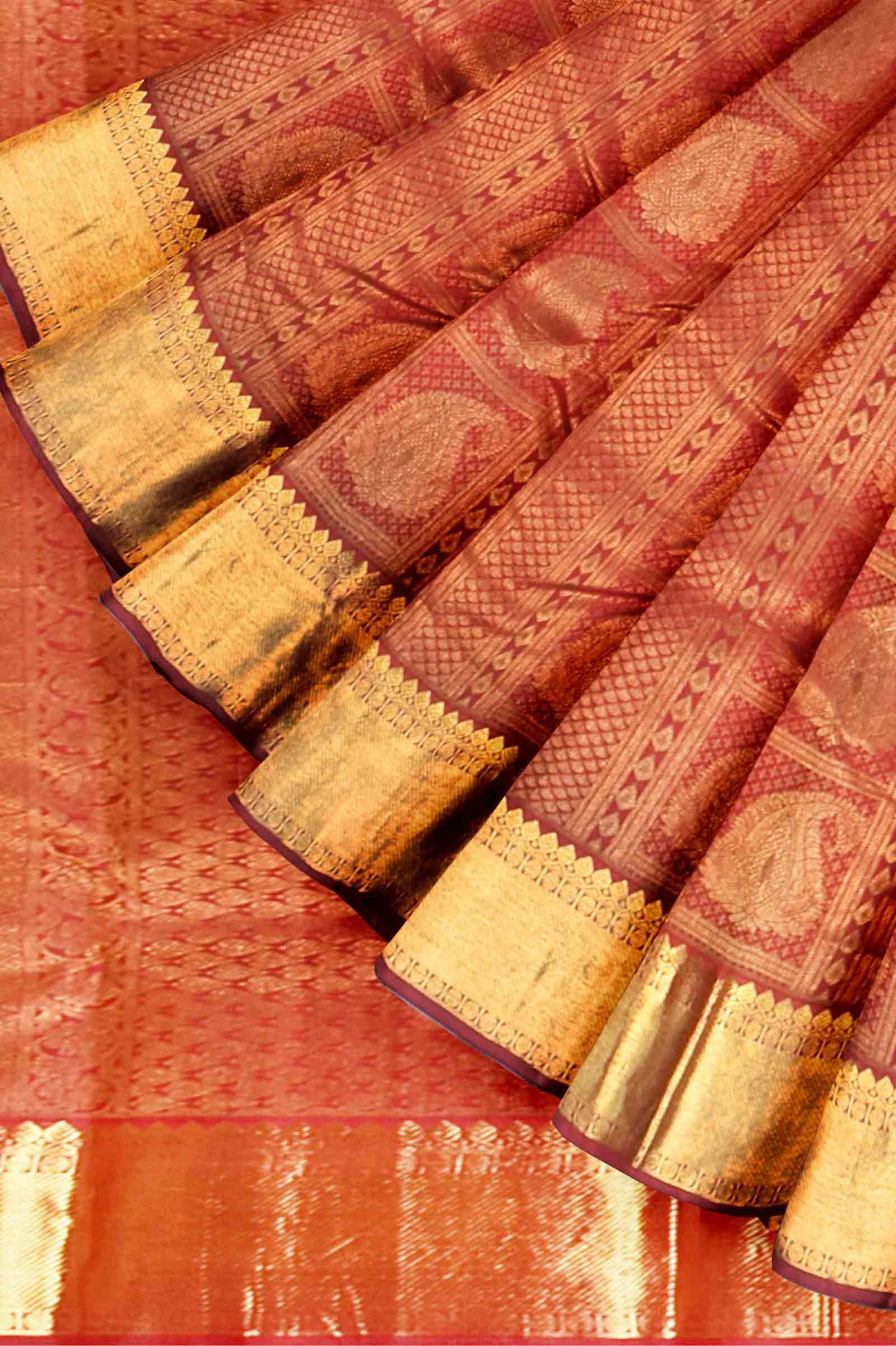 Maroon Kanchipuram Bridal Pure Silk Vertical Panel Mango Butta Body Self Pallu Saree