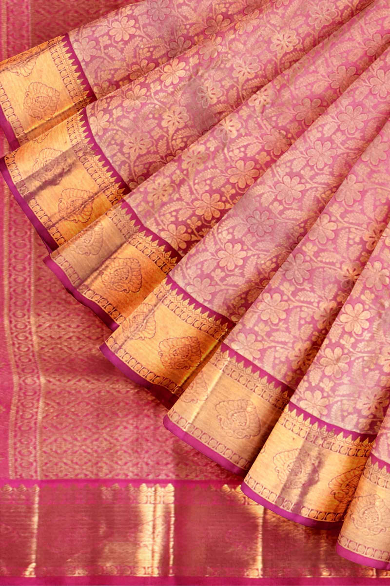 Pink Kanchipuram Bridal Pure Silk Flower Jaal Body Contrast Pallu Saree