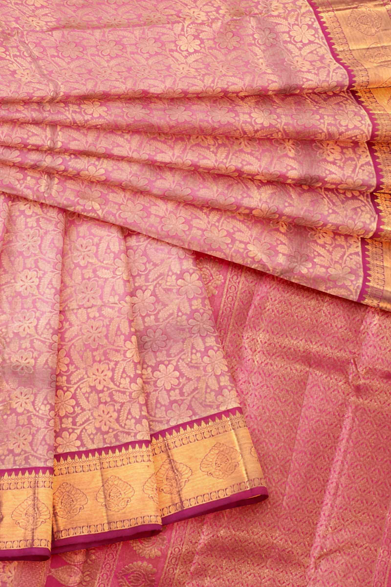 Pink Kanchipuram Bridal Pure Silk Flower Jaal Body Contrast Pallu Saree