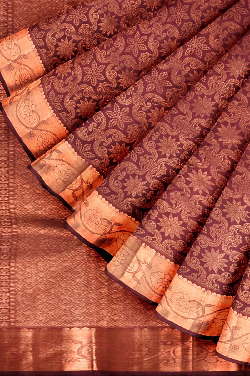 Maroon Kanchipuram Bridal Pure Silk Copper Zari Flower Jaal Body Self Pallu Saree