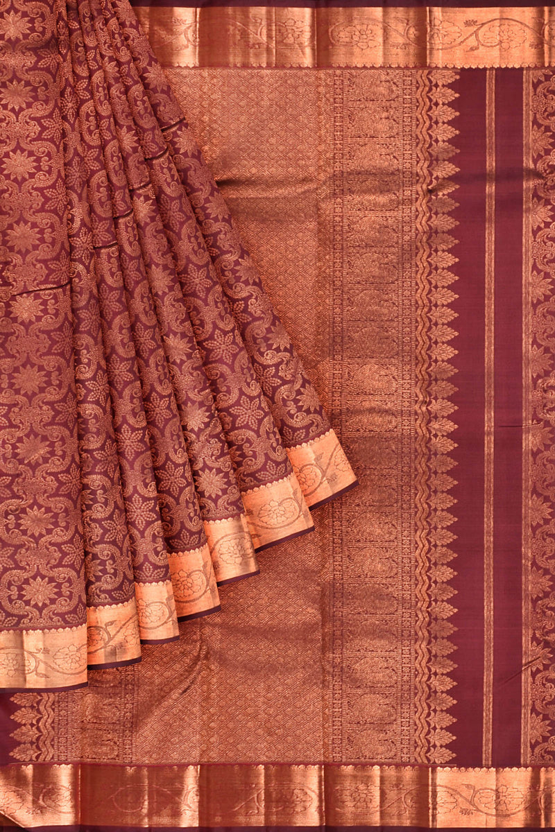 Maroon Kanchipuram Bridal Pure Silk Copper Zari Flower Jaal Body Self Pallu Saree