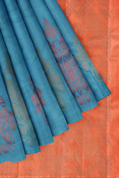 Blue Light Weight Pure Silk Arani Contrast Pallu Muti Zari Butta Saree