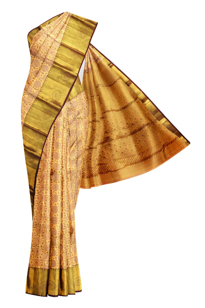 Golden Tissue Kanchipuram Bridal Pure Silk Flower Full Jaal Pattern Body Self Pallu Saree