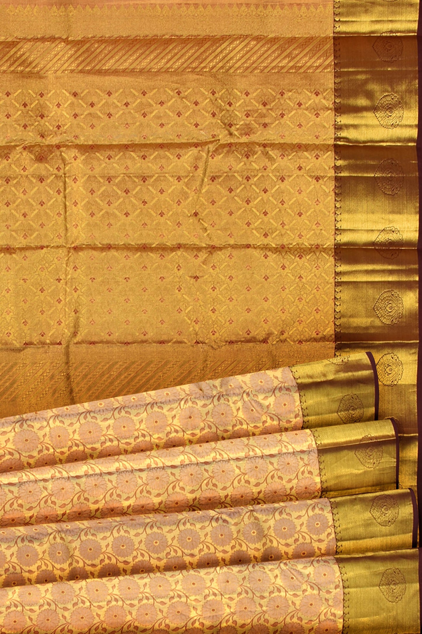 Golden Tissue Kanchipuram Bridal Pure Silk Flower Full Jaal Pattern Body Self Pallu Saree