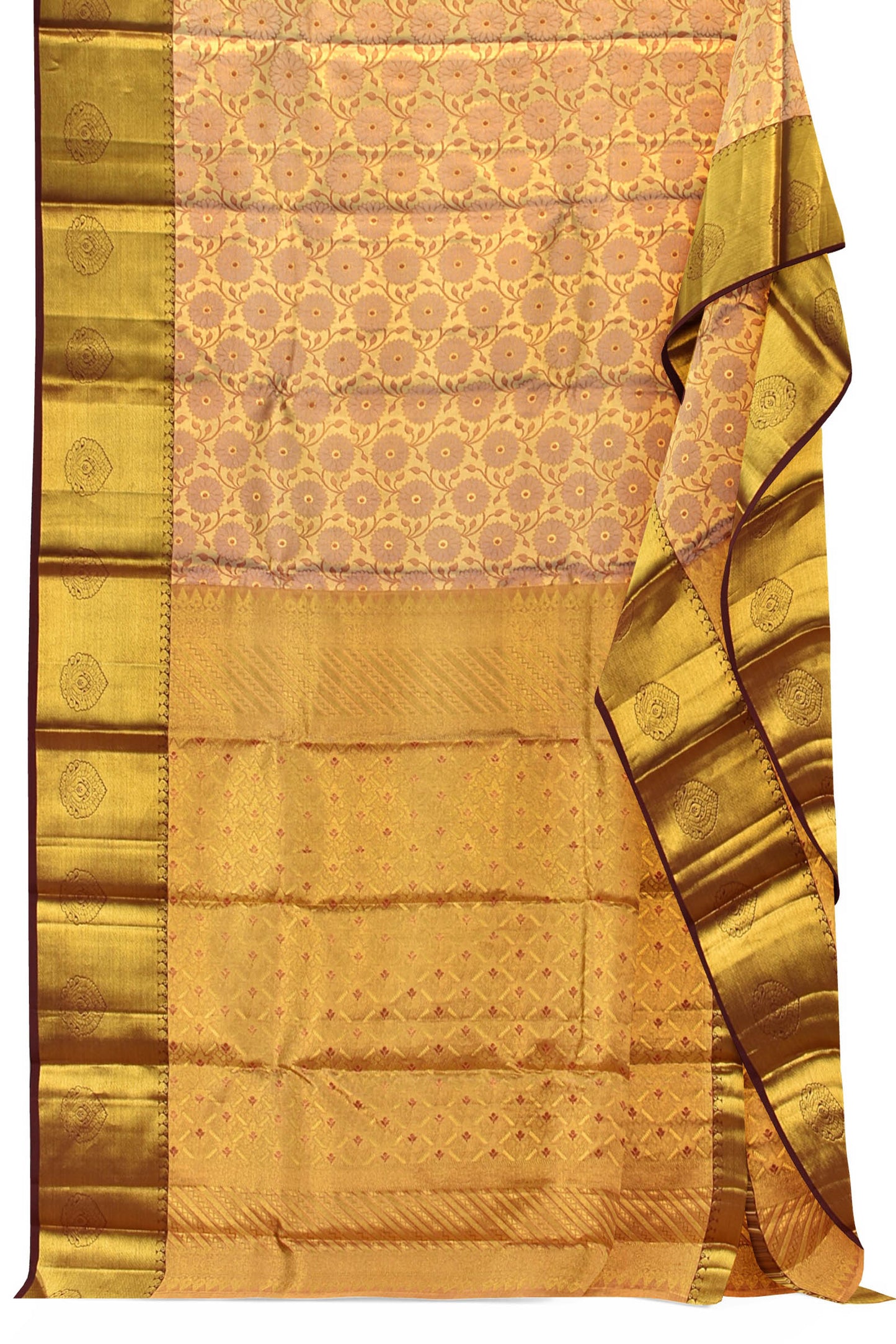 Golden Tissue Kanchipuram Bridal Pure Silk Flower Full Jaal Pattern Body Self Pallu Saree