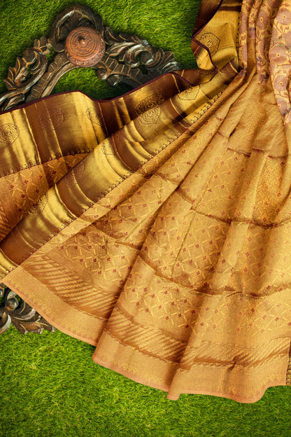 Golden Tissue Kanchipuram Bridal Pure Silk Flower Full Jaal Pattern Body Self Pallu Saree