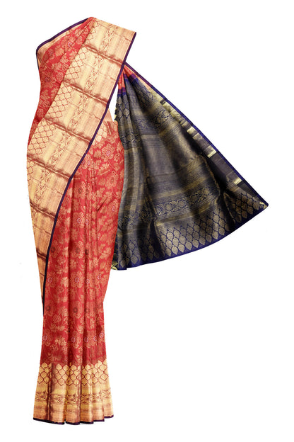 Red Kanchipuram Bridal Pure Silk Flower All Over Jaal Body Strawberry Butta Border Blue Contrast Pallu Saree